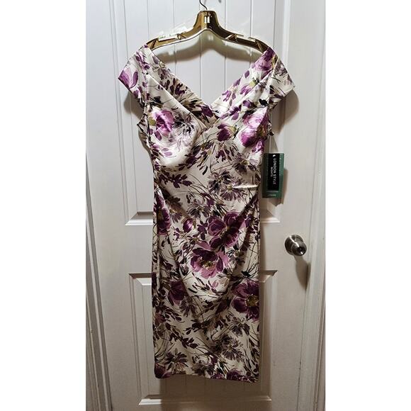 NEW LONDON STYLE NIGHTS Cap Sleeve V Neck Satin Purple Floral Midi Dress Size 12 - Picture 2 of 10